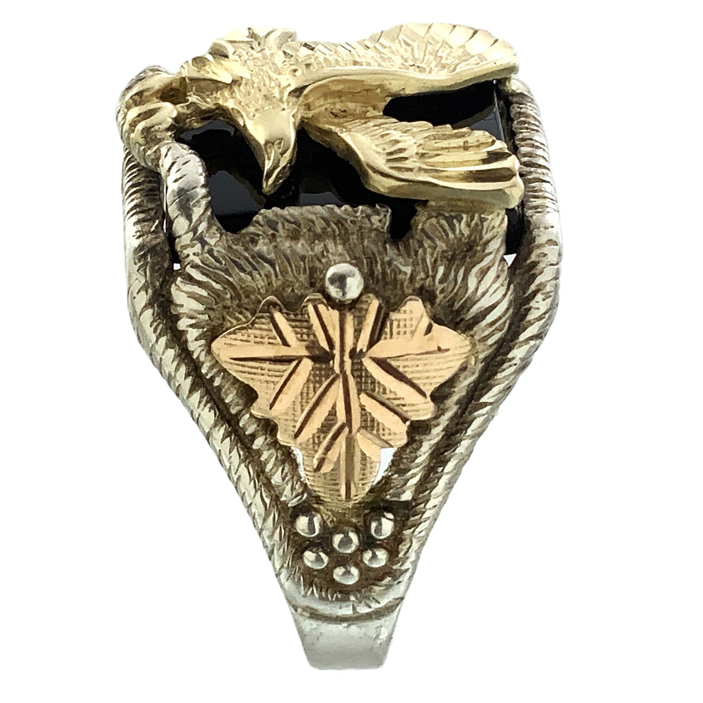 10K Gold Eagle Atop Black Onyx and 12K Leaves Silver 925 Size 10.5 Men's Ring AU392