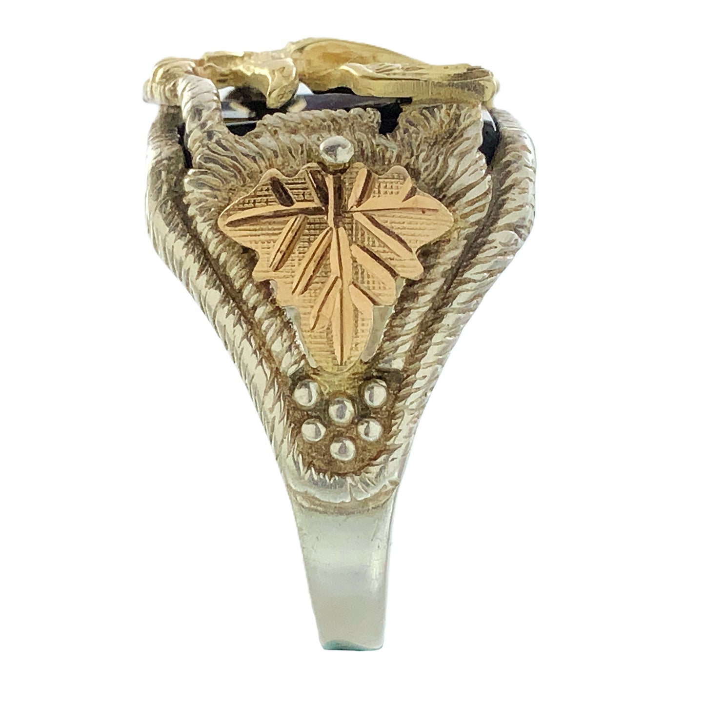 10K Gold Eagle Atop Black Onyx and 12K Leaves Silver 925 Size 10.5 Men's Ring AU392