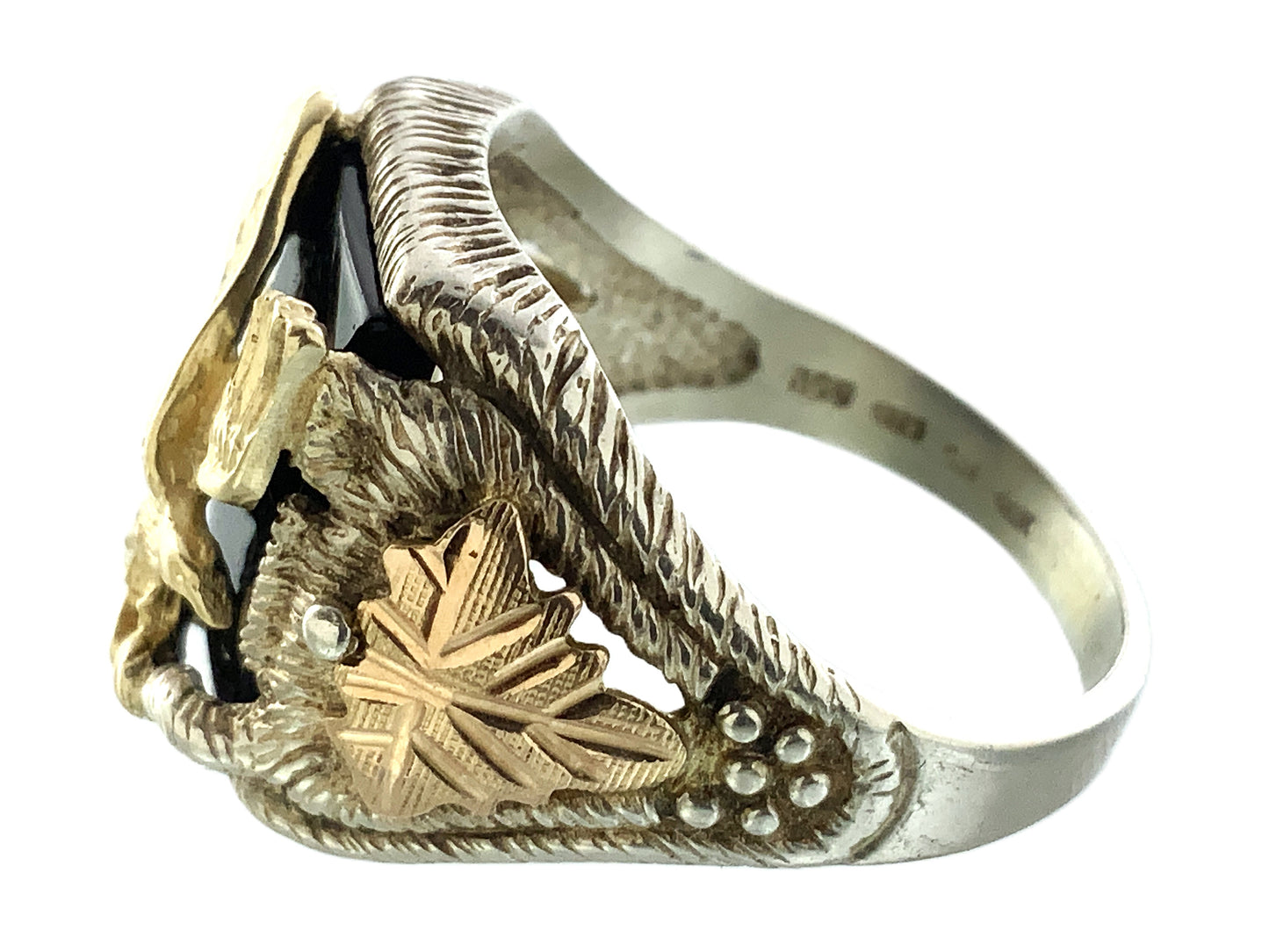 10K Gold Eagle Atop Black Onyx and 12K Leaves Silver 925 Size 10.5 Men's Ring AU392