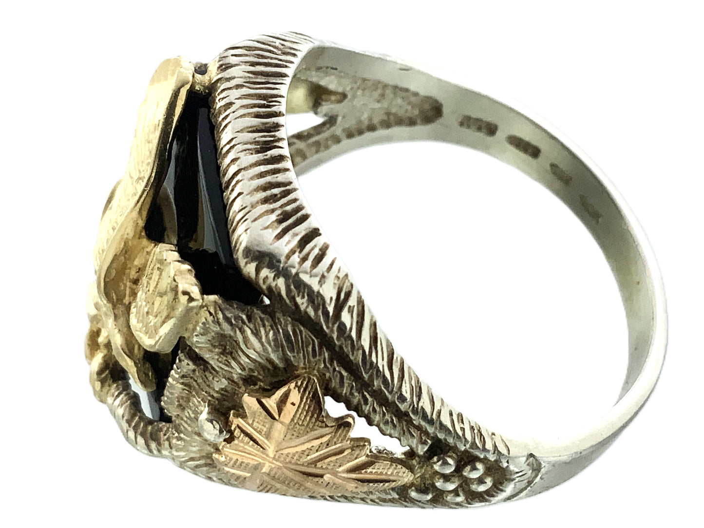 10K Gold Eagle Atop Black Onyx and 12K Leaves Silver 925 Size 10.5 Men's Ring AU392
