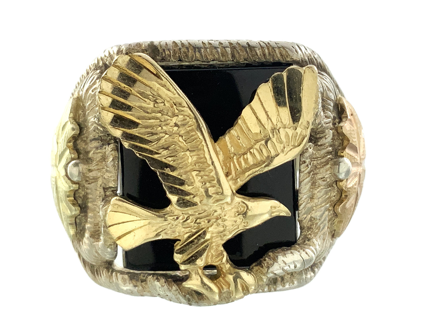10K Gold Eagle Atop Black Onyx and 12K Leaves Silver 925 Size 10.5 Men's Ring AU392