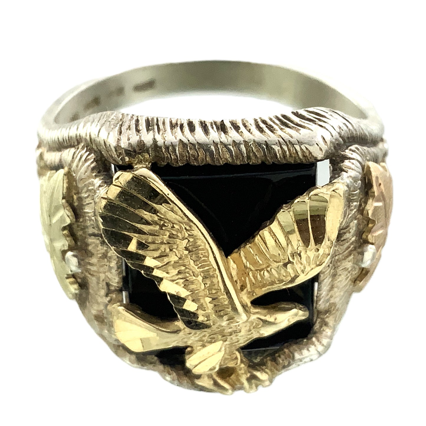 10K Gold Eagle Atop Black Onyx and 12K Leaves Silver 925 Size 10.5 Men's Ring AU392