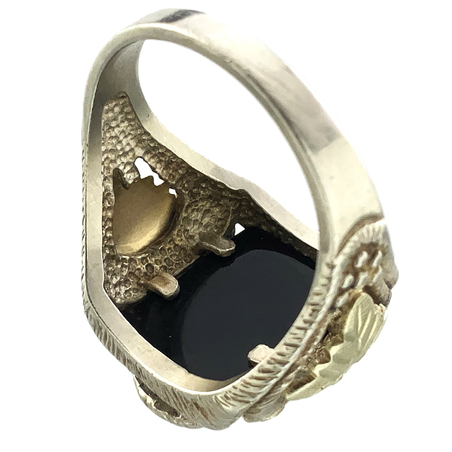 10K Gold Eagle Atop Black Onyx and 12K Leaves Silver 925 Size 10.5 Men's Ring AU392