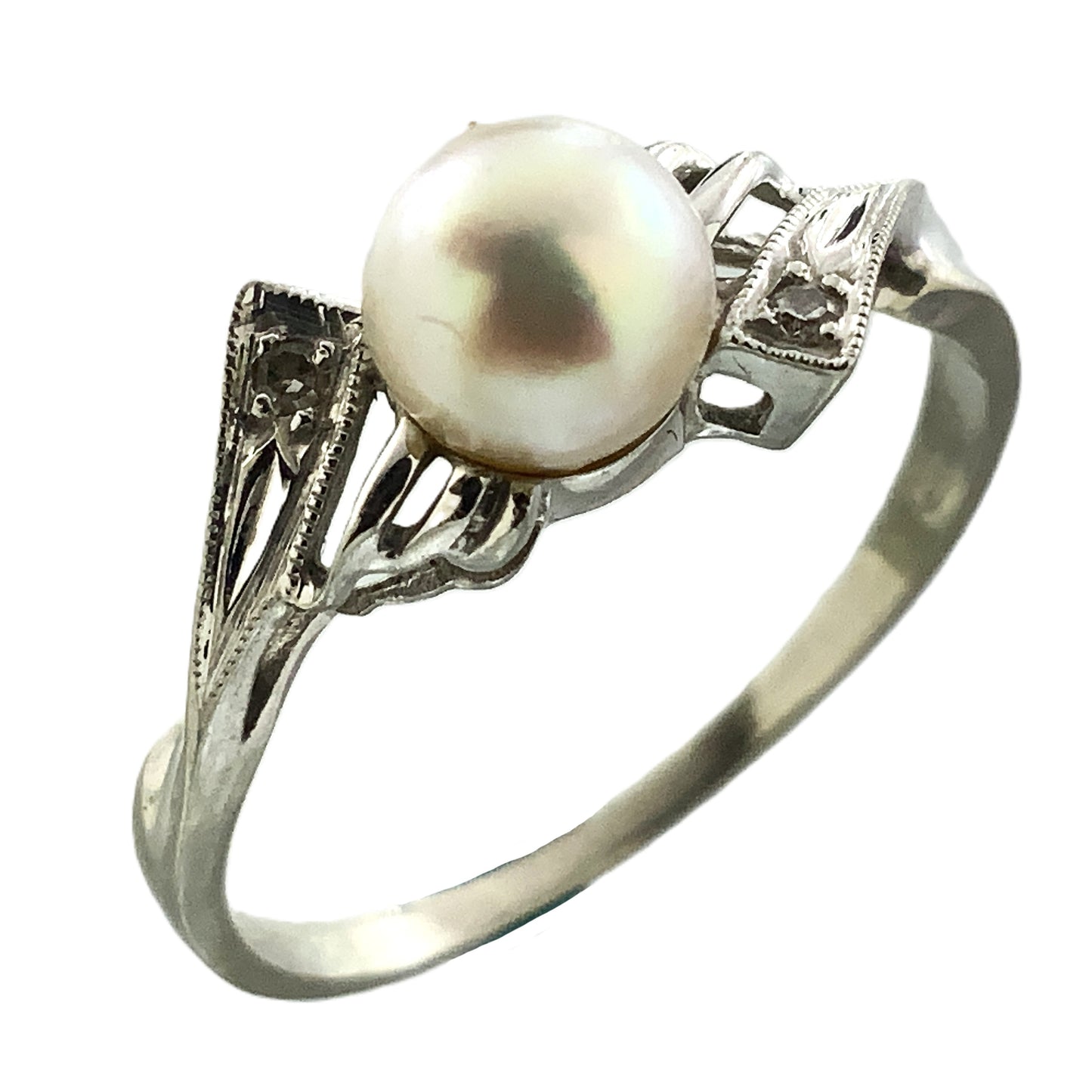 10K White Gold Solitaire Pearl Size 6.75 Ring AU393