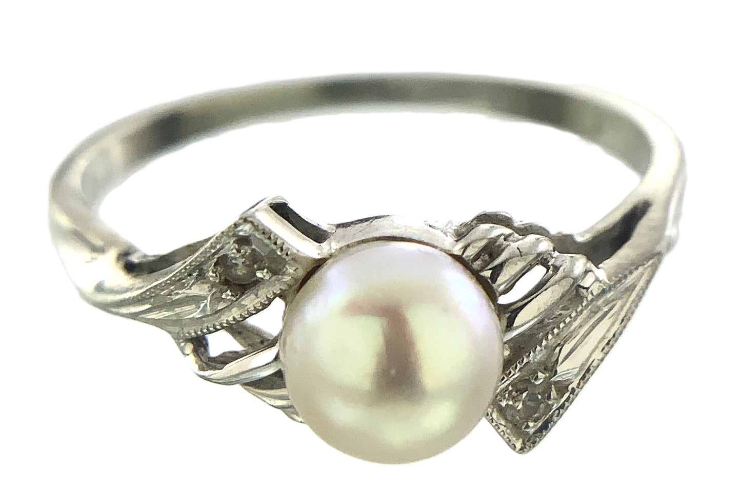 10K White Gold Solitaire Pearl Size 6.75 Ring AU393