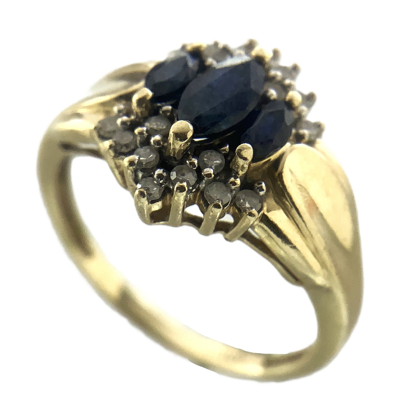 10K Yellow Gold Cocktail Cluster Lady Di Marquise Cut Three Sapphires 18 Diamonds .18 Total Carats Size 5.75 Ring AU399