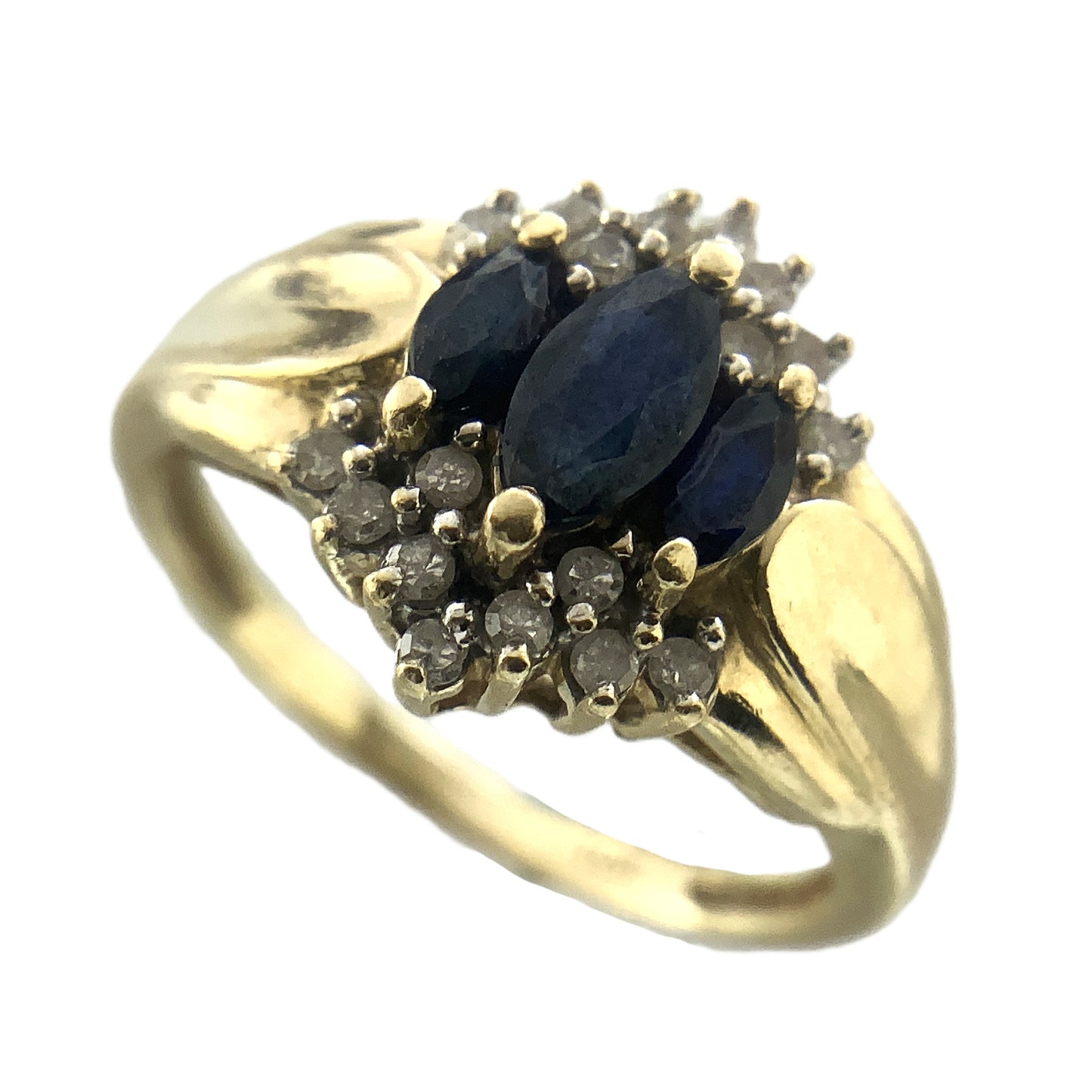 10K Yellow Gold Cocktail Cluster Lady Di Marquise Cut Three Sapphires 18 Diamonds .18 Total Carats Size 5.75 Ring AU399