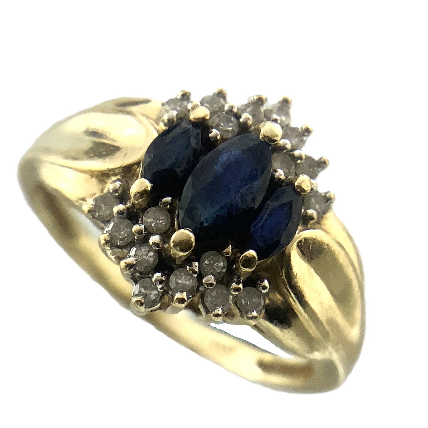 10K Yellow Gold Cocktail Cluster Lady Di Marquise Cut Three Sapphires 18 Diamonds .18 Total Carats Size 5.75 Ring AU399