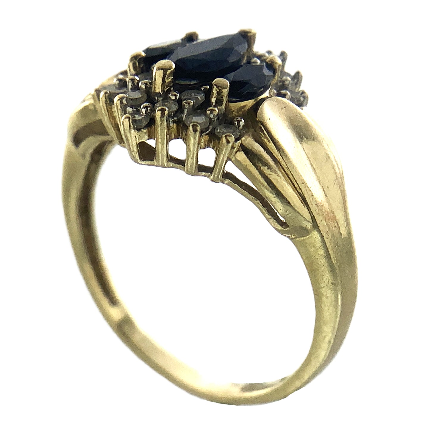 10K Yellow Gold Cocktail Cluster Lady Di Marquise Cut Three Sapphires 18 Diamonds .18 Total Carats Size 5.75 Ring AU399