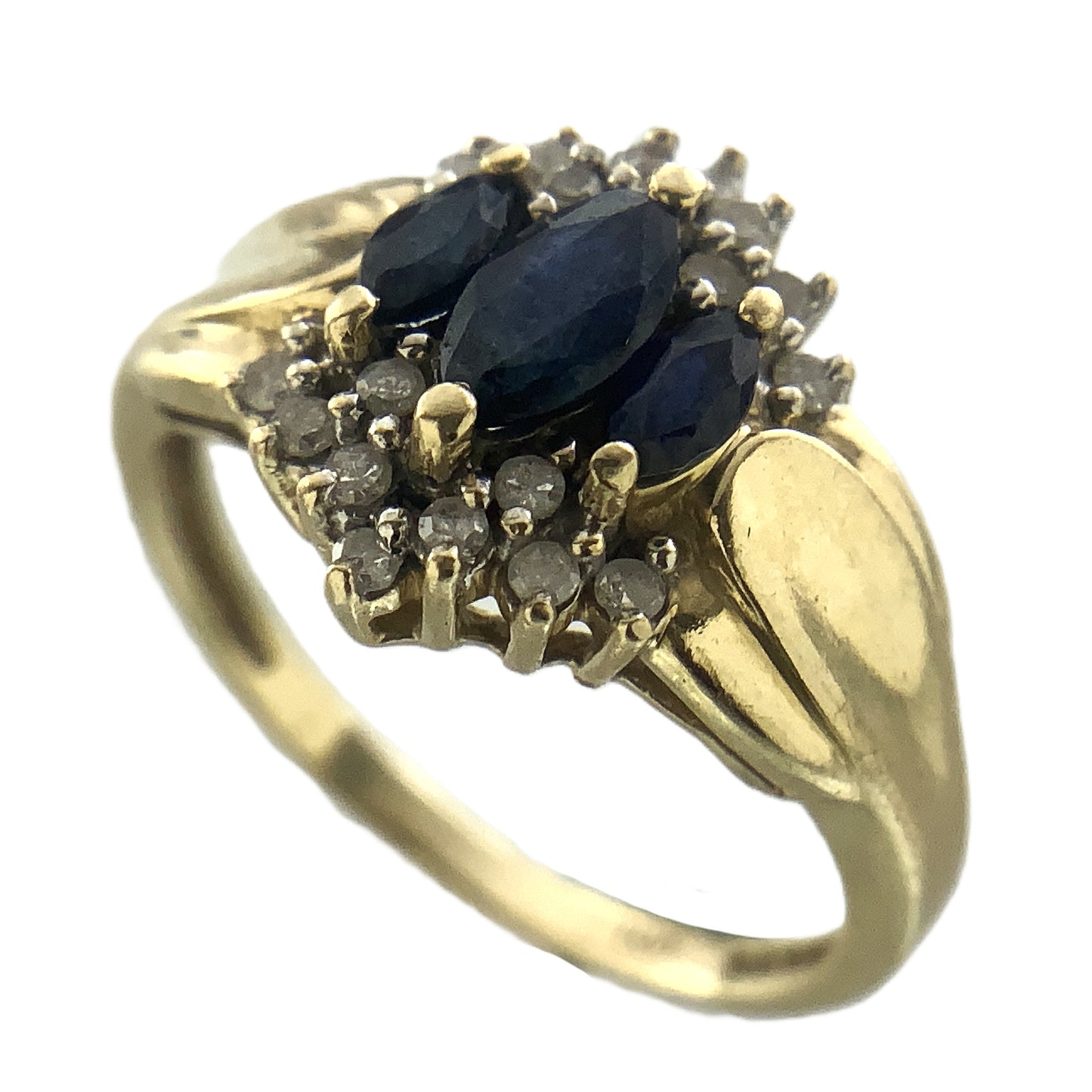 10K Yellow Gold Cocktail Cluster Lady Di Marquise Cut Three Sapphires 18 Diamonds .18 Total Carats Size 5.75 Ring AU399