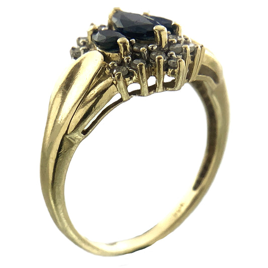 10K Yellow Gold Cocktail Cluster Lady Di Marquise Cut Three Sapphires 18 Diamonds .18 Total Carats Size 5.75 Ring AU399