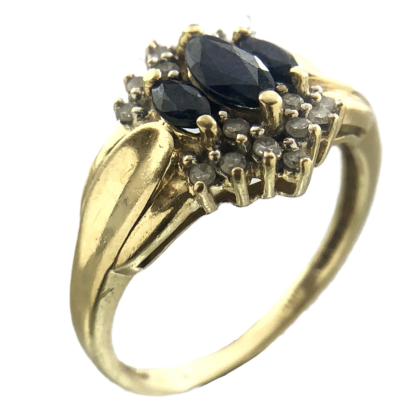 10K Yellow Gold Cocktail Cluster Lady Di Marquise Cut Three Sapphires 18 Diamonds .18 Total Carats Size 5.75 Ring AU399