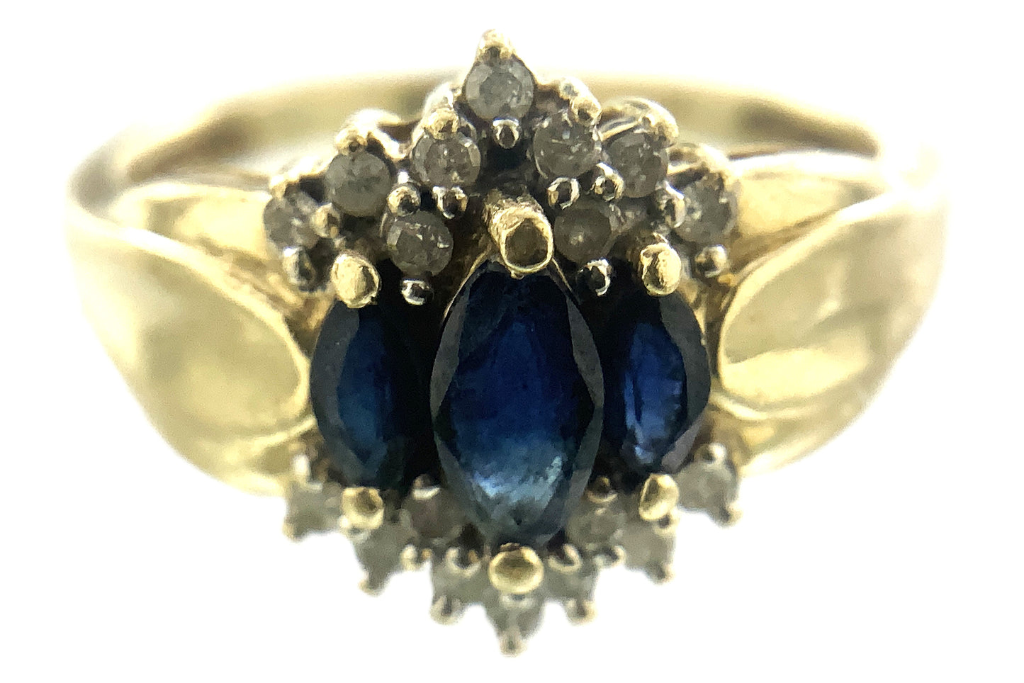 10K Yellow Gold Cocktail Cluster Lady Di Marquise Cut Three Sapphires 18 Diamonds .18 Total Carats Size 5.75 Ring AU399