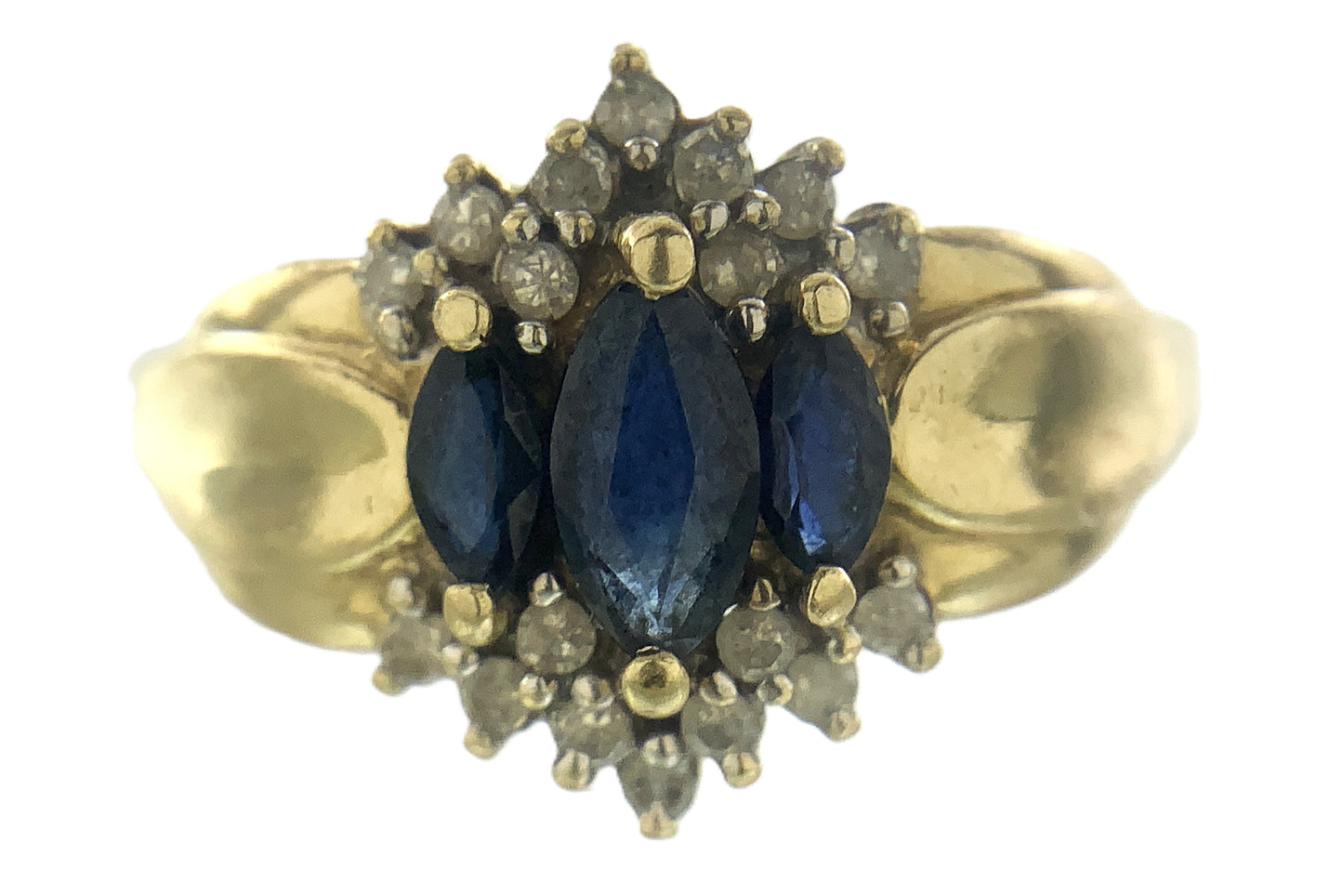 10K Yellow Gold Cocktail Cluster Lady Di Marquise Cut Three Sapphires 18 Diamonds .18 Total Carats Size 5.75 Ring AU399