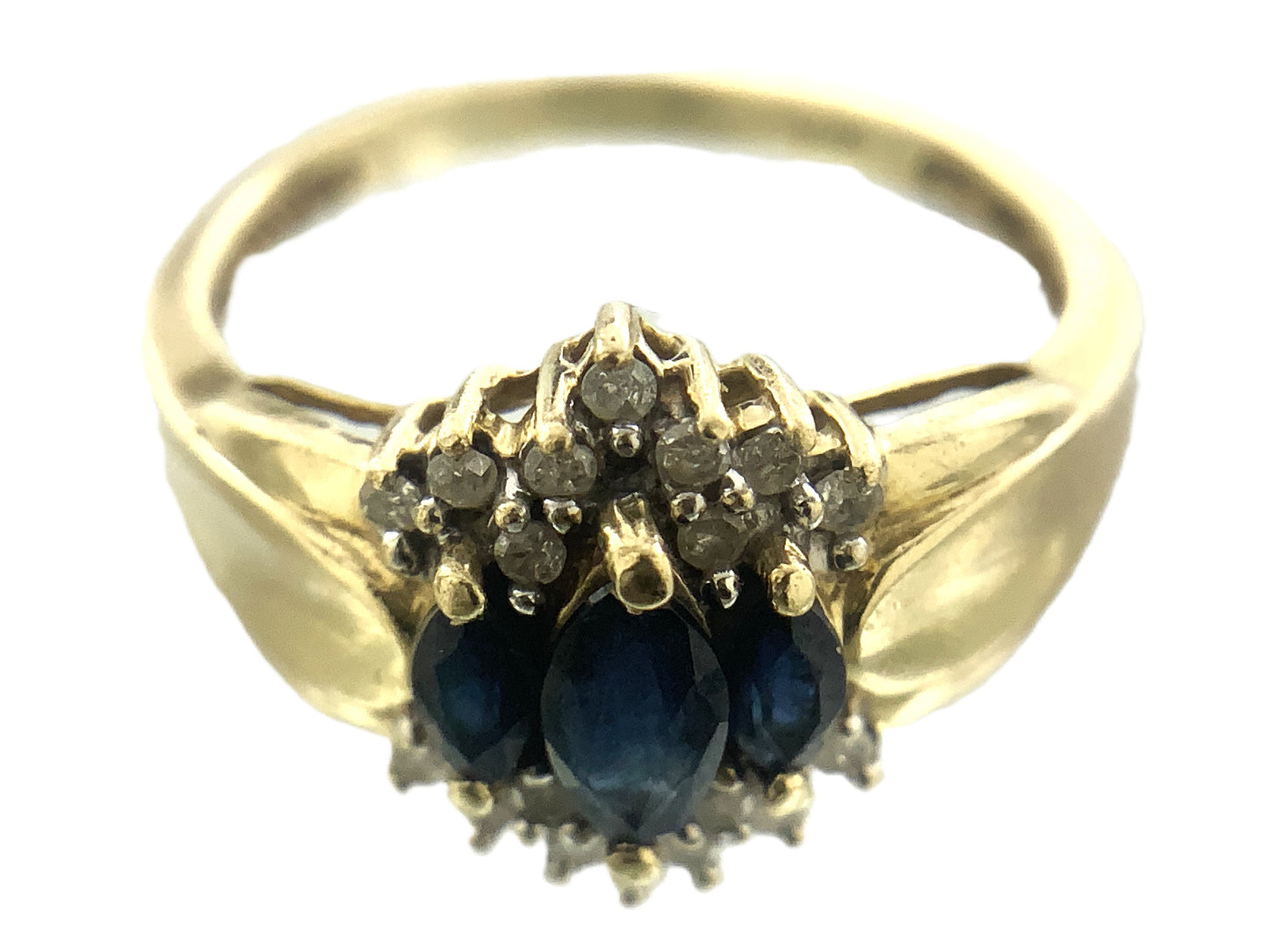 10K Yellow Gold Cocktail Cluster Lady Di Marquise Cut Three Sapphires 18 Diamonds .18 Total Carats Size 5.75 Ring AU399
