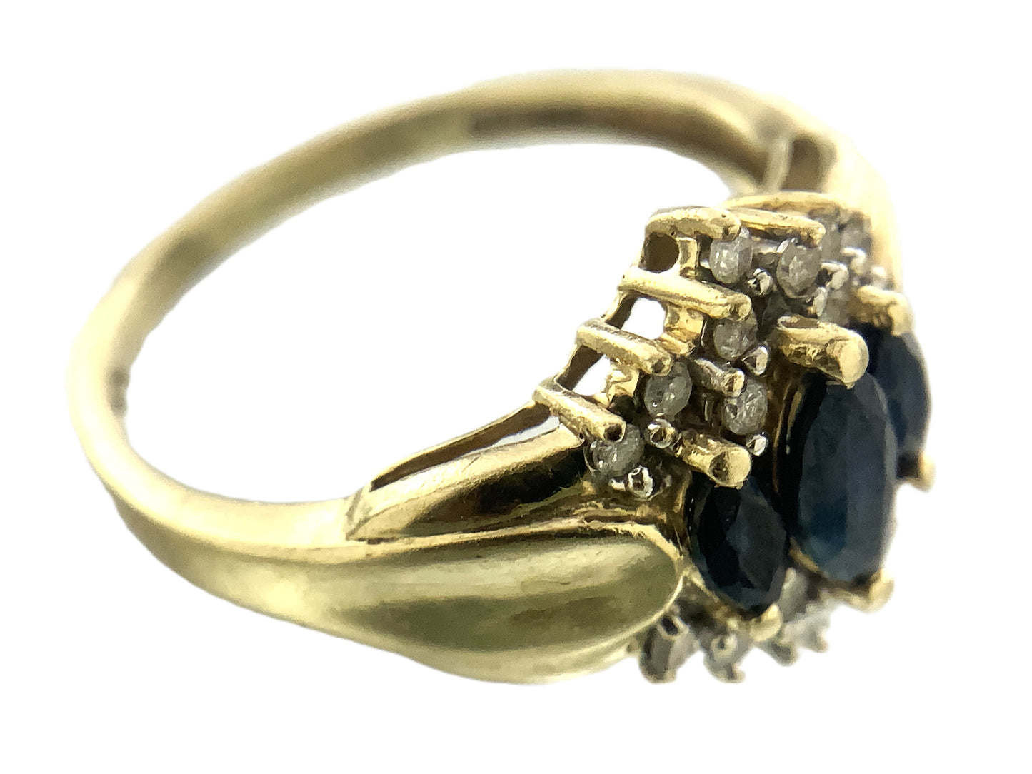 10K Yellow Gold Cocktail Cluster Lady Di Marquise Cut Three Sapphires 18 Diamonds .18 Total Carats Size 5.75 Ring AU399
