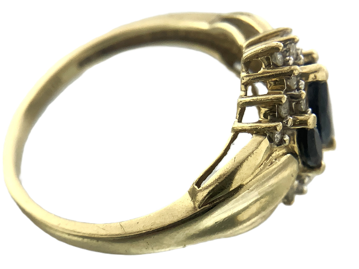 10K Yellow Gold Cocktail Cluster Lady Di Marquise Cut Three Sapphires 18 Diamonds .18 Total Carats Size 5.75 Ring AU399