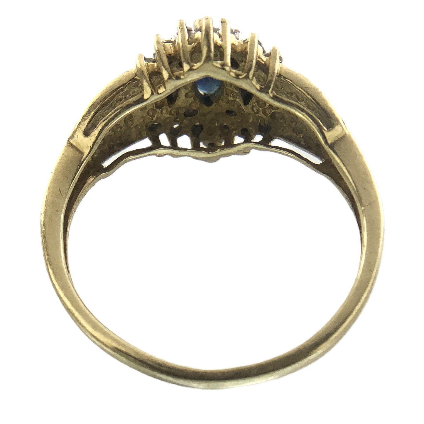 10K Yellow Gold Cocktail Cluster Lady Di Marquise Cut Three Sapphires 18 Diamonds .18 Total Carats Size 5.75 Ring AU399