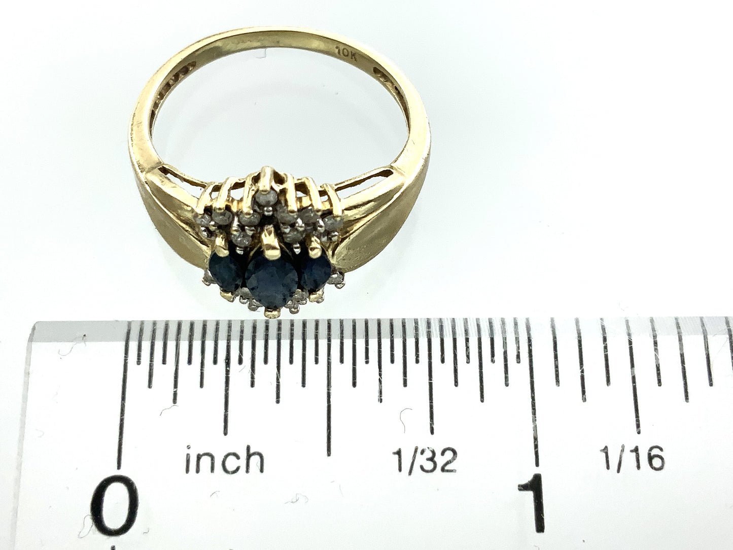 10K Yellow Gold Cocktail Cluster Lady Di Marquise Cut Three Sapphires 18 Diamonds .18 Total Carats Size 5.75 Ring AU399