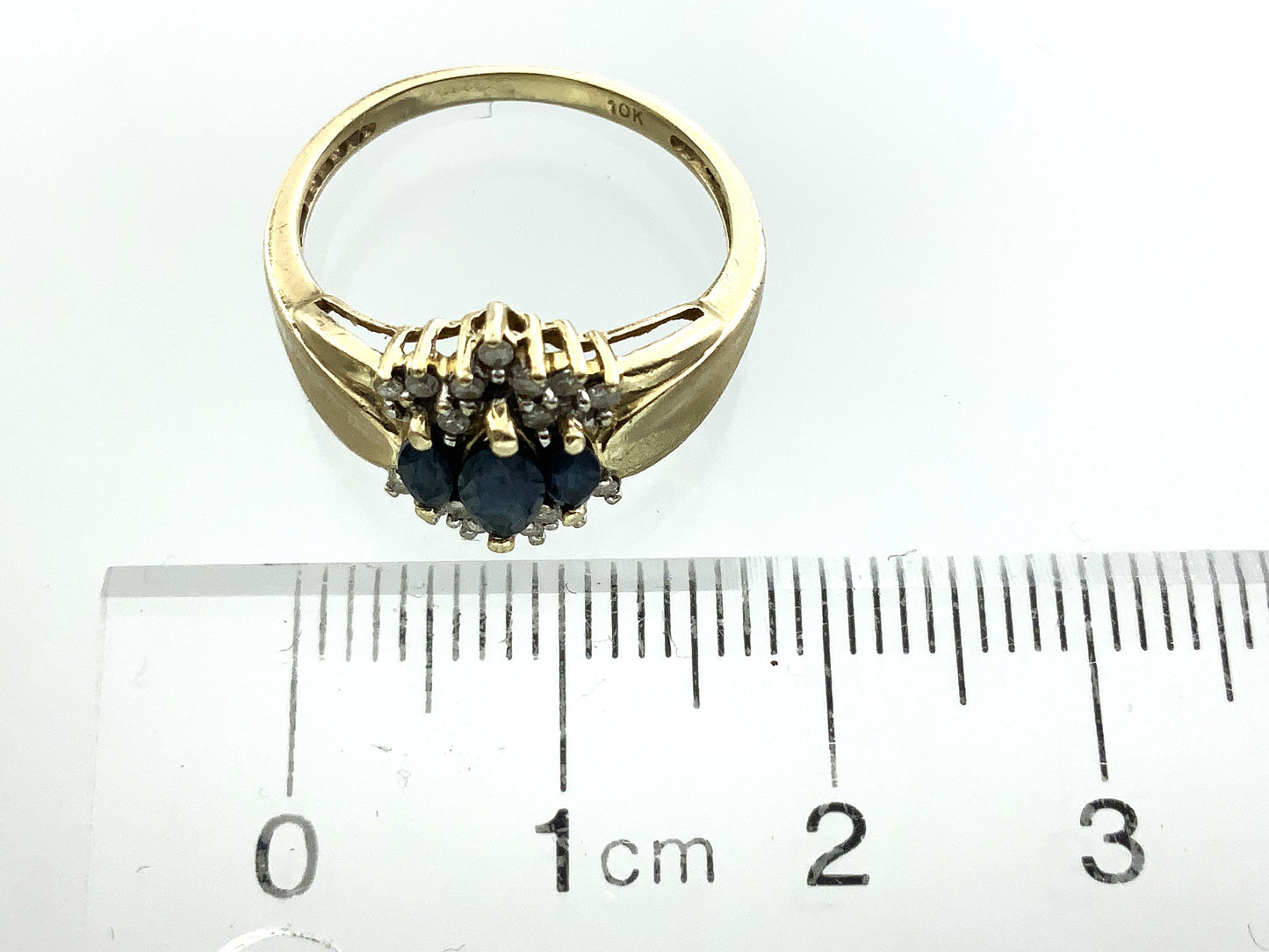 10K Yellow Gold Cocktail Cluster Lady Di Marquise Cut Three Sapphires 18 Diamonds .18 Total Carats Size 5.75 Ring AU399