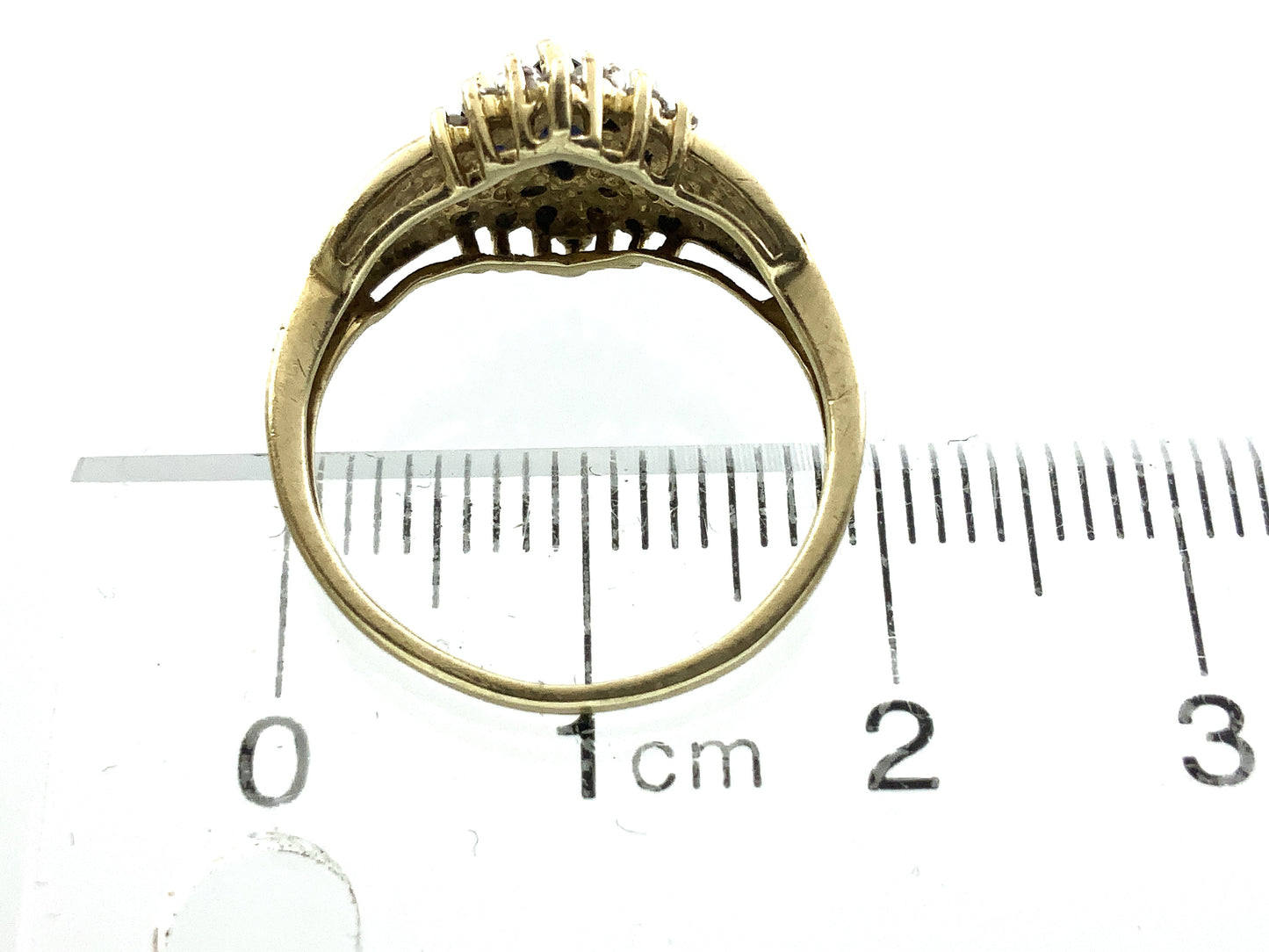 10K Yellow Gold Cocktail Cluster Lady Di Marquise Cut Three Sapphires 18 Diamonds .18 Total Carats Size 5.75 Ring AU399