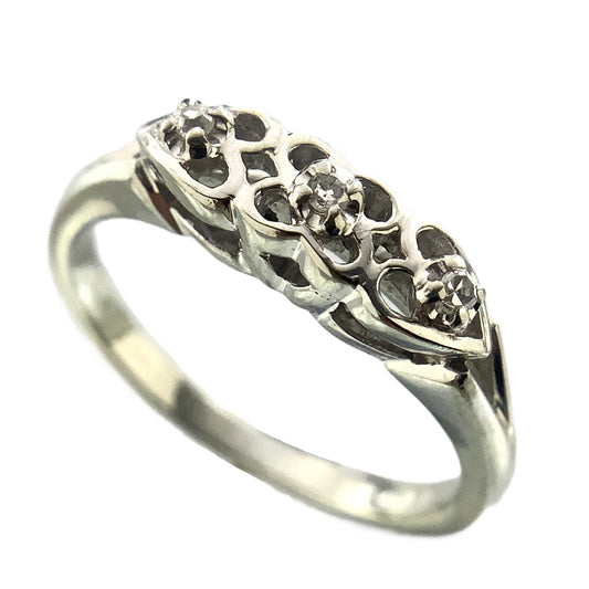 18K White Gold Trilogy Filigree Design with 3 Diamonds .06 Total Carats Size 4.75 Ring AU397
