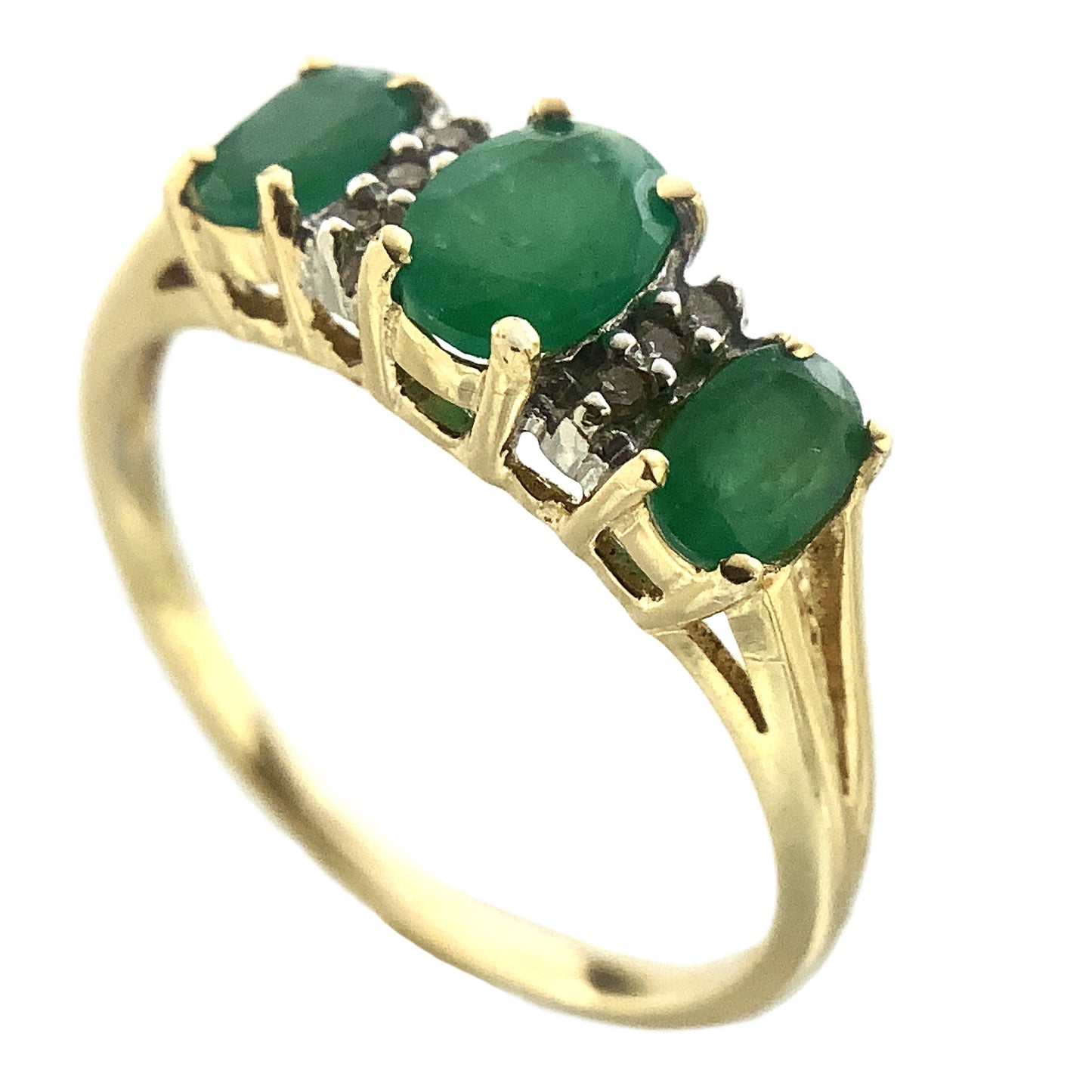 14K Yellow Gold Trilogy 3 Green Oval Emeralds and 6 Accent Diamonds .06 Total Carats Size 6.75 Ring AU403