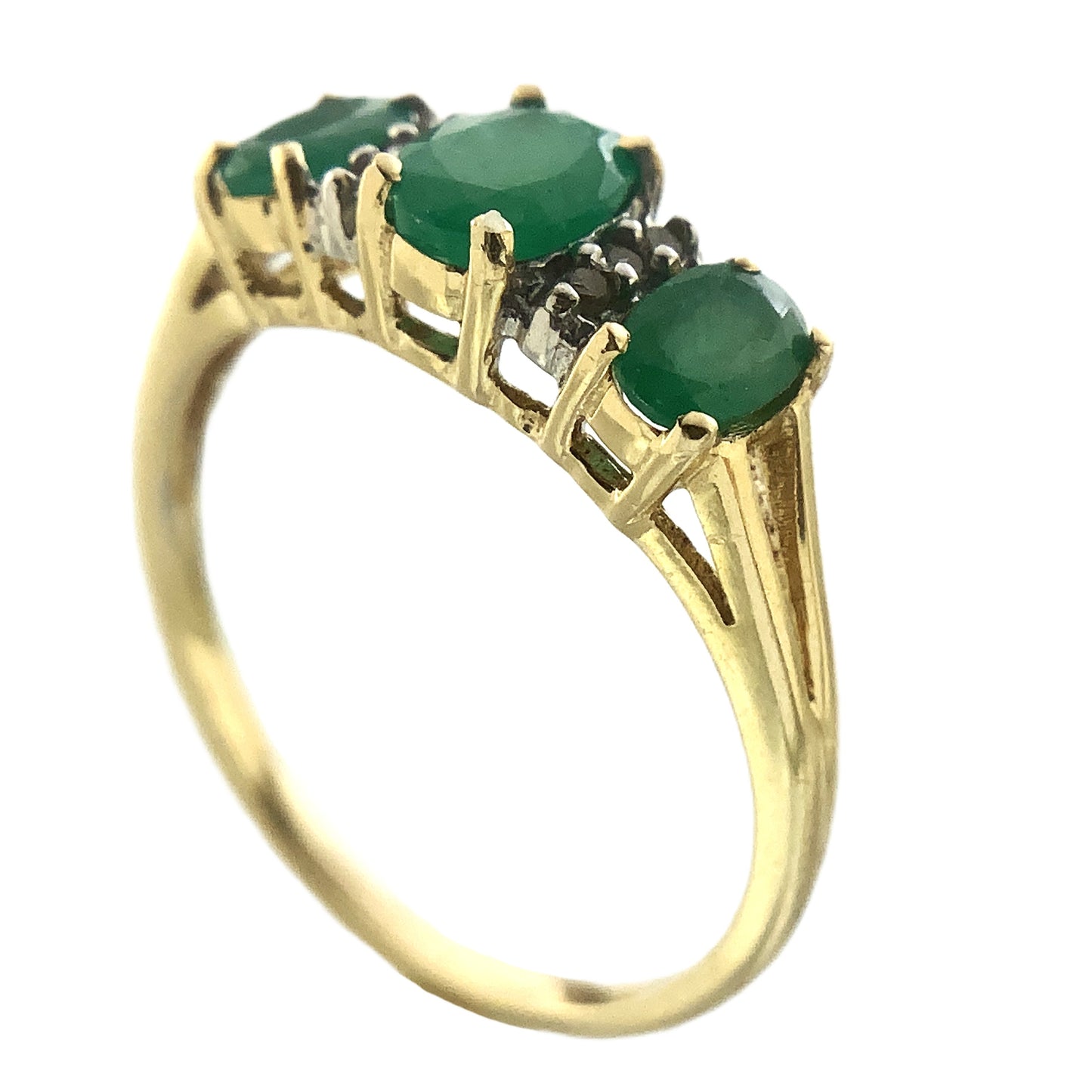 14K Yellow Gold Trilogy 3 Green Oval Emeralds and 6 Accent Diamonds .06 Total Carats Size 6.75 Ring AU403