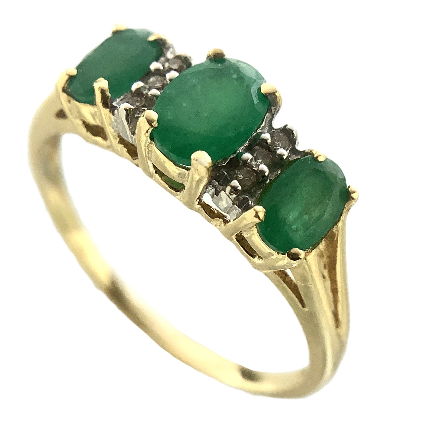 14K Yellow Gold Trilogy 3 Green Oval Emeralds and 6 Accent Diamonds .06 Total Carats Size 6.75 Ring AU403