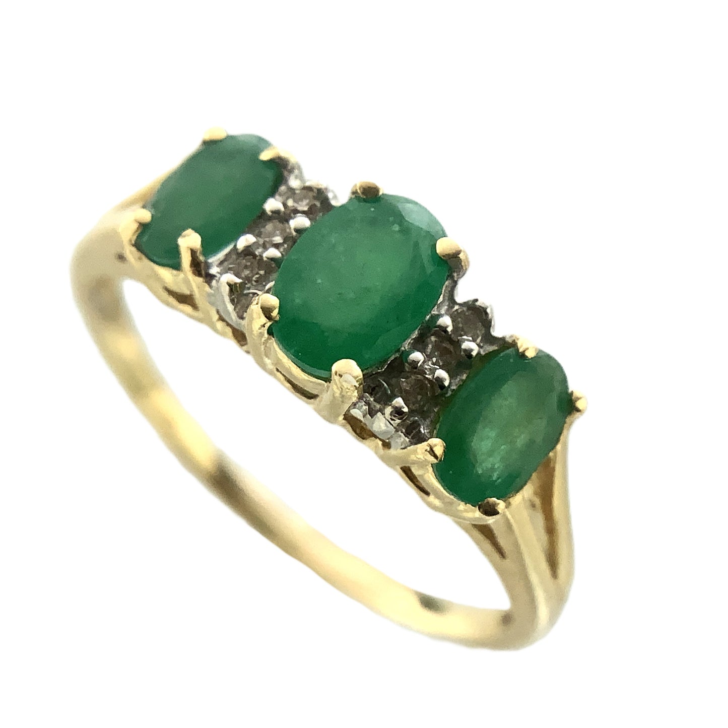 14K Yellow Gold Trilogy 3 Green Oval Emeralds and 6 Accent Diamonds .06 Total Carats Size 6.75 Ring AU403