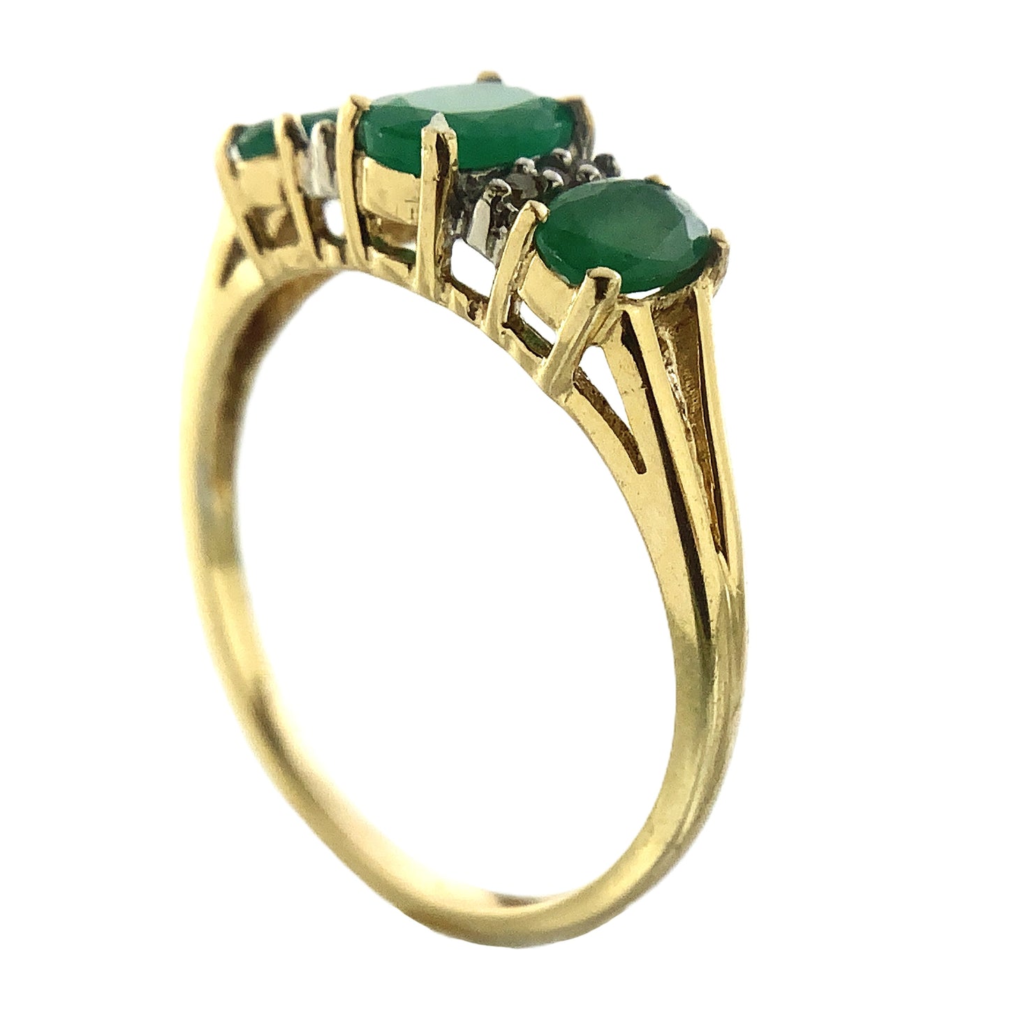 14K Yellow Gold Trilogy 3 Green Oval Emeralds and 6 Accent Diamonds .06 Total Carats Size 6.75 Ring AU403