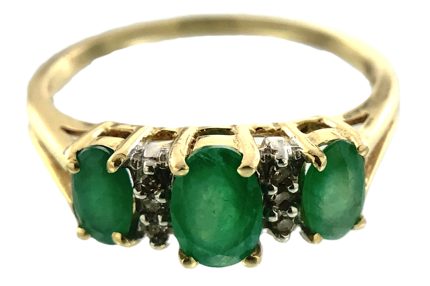 14K Yellow Gold Trilogy 3 Green Oval Emeralds and 6 Accent Diamonds .06 Total Carats Size 6.75 Ring AU403