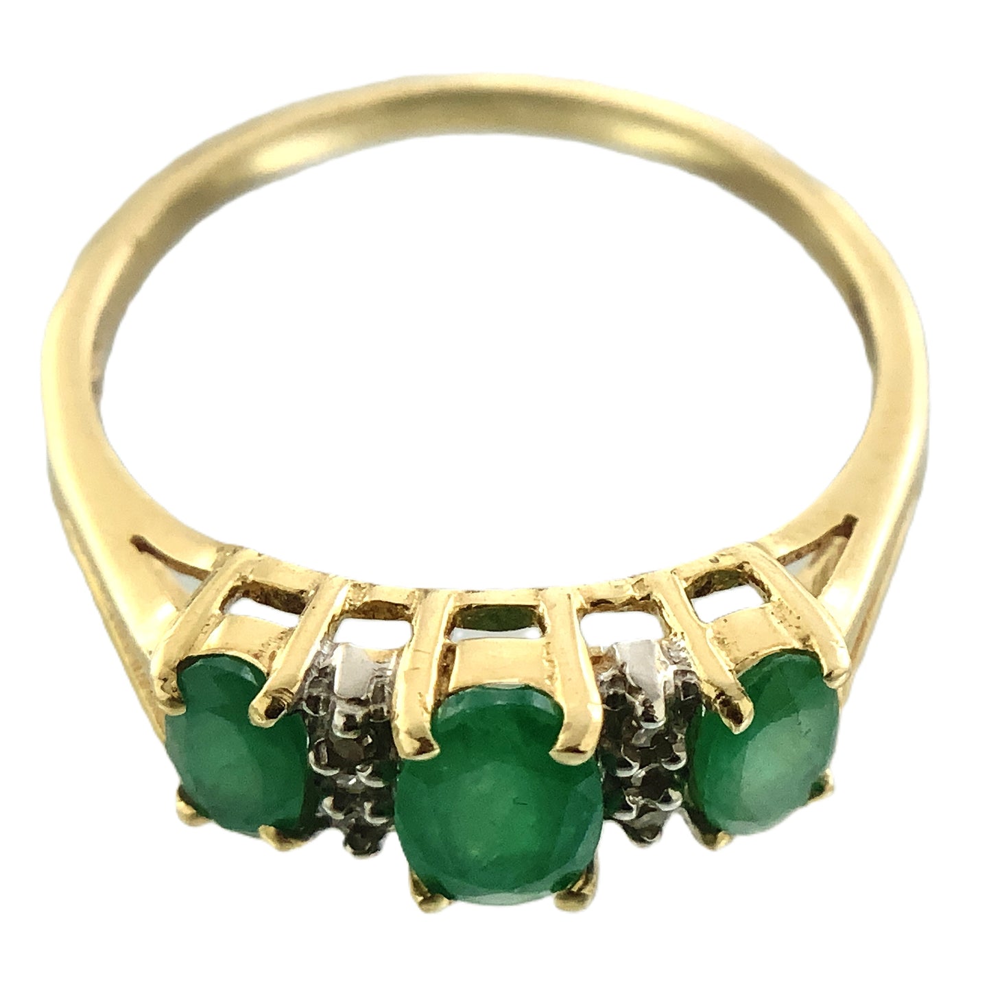14K Yellow Gold Trilogy 3 Green Oval Emeralds and 6 Accent Diamonds .06 Total Carats Size 6.75 Ring AU403