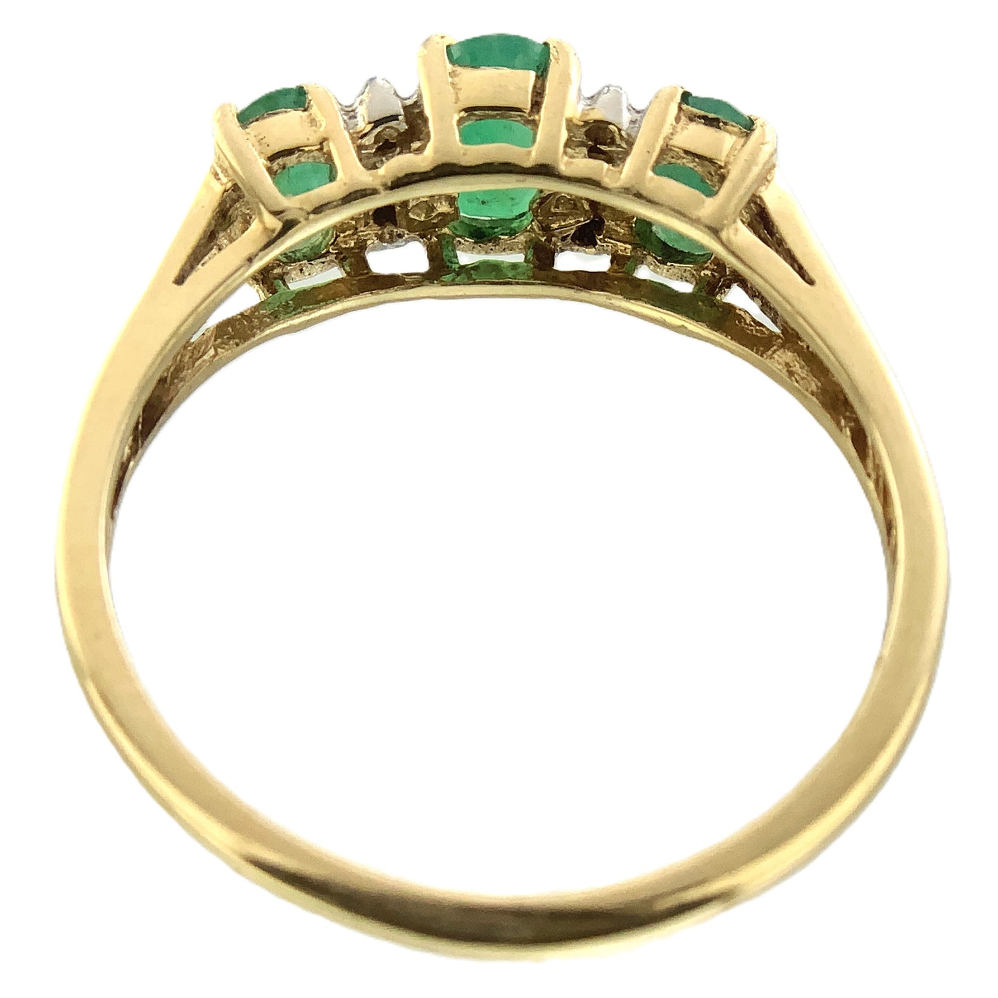 14K Yellow Gold Trilogy 3 Green Oval Emeralds and 6 Accent Diamonds .06 Total Carats Size 6.75 Ring AU403