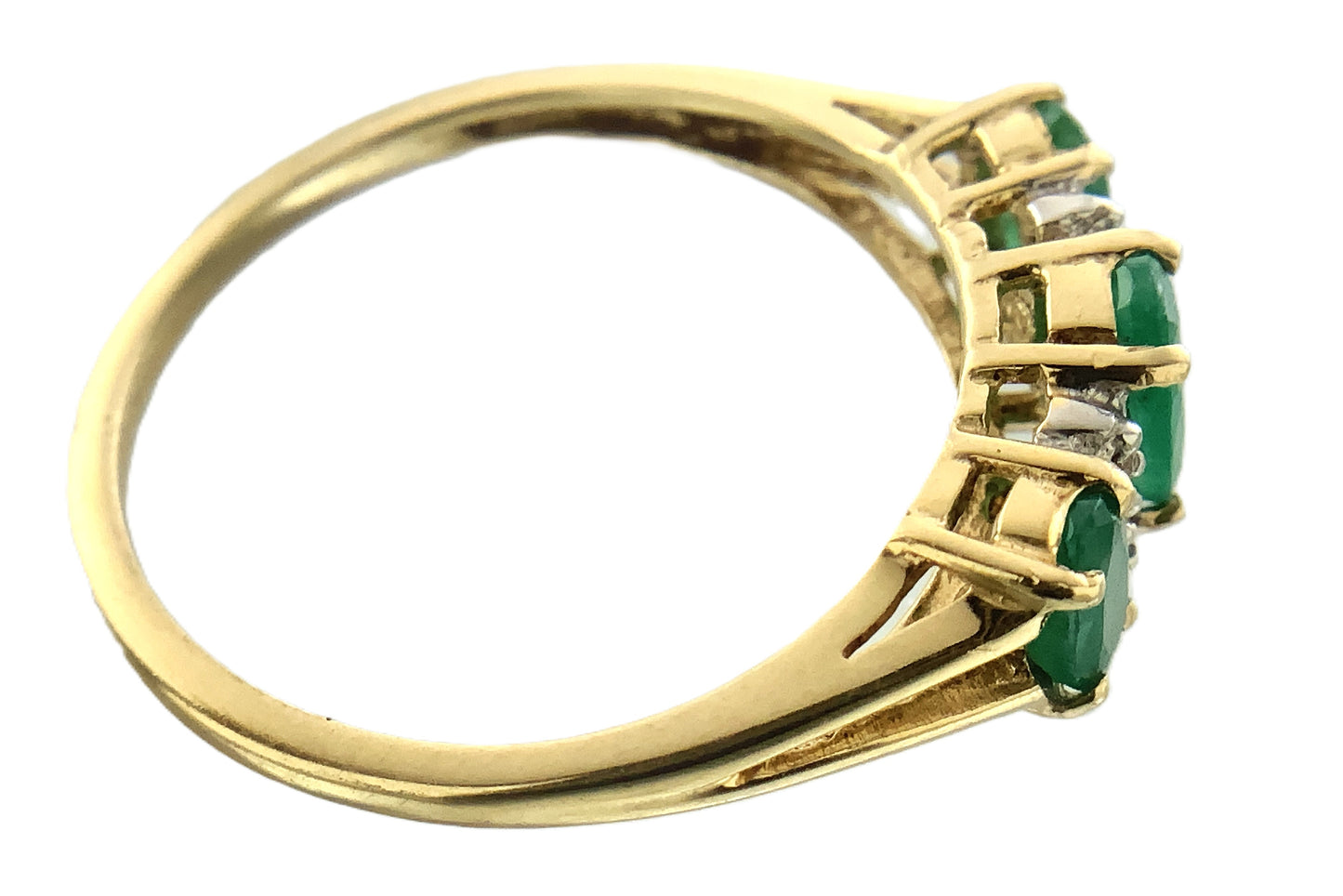 14K Yellow Gold Trilogy 3 Green Oval Emeralds and 6 Accent Diamonds .06 Total Carats Size 6.75 Ring AU403