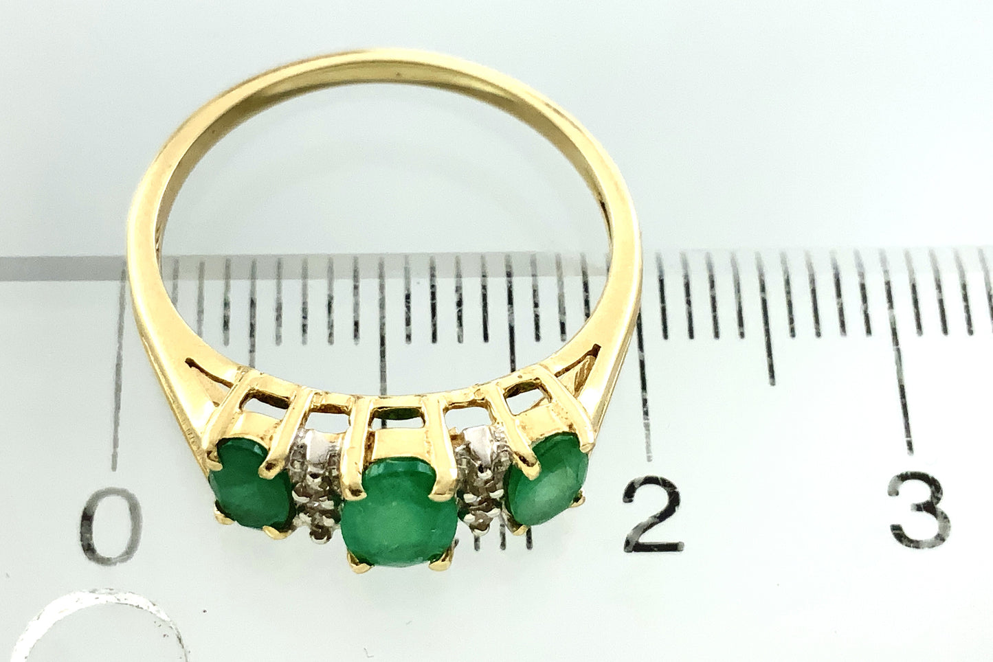 14K Yellow Gold Trilogy 3 Green Oval Emeralds and 6 Accent Diamonds .06 Total Carats Size 6.75 Ring AU403