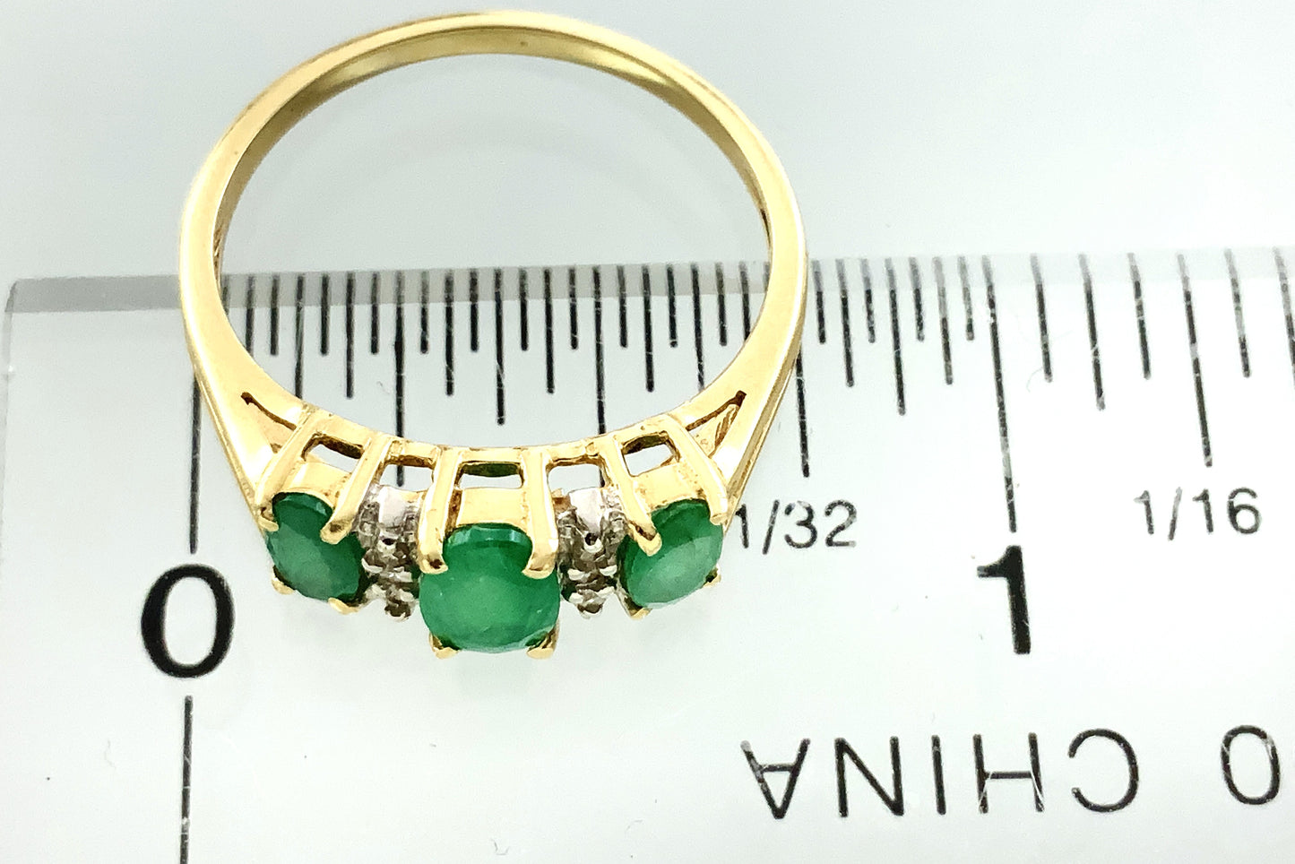 14K Yellow Gold Trilogy 3 Green Oval Emeralds and 6 Accent Diamonds .06 Total Carats Size 6.75 Ring AU403