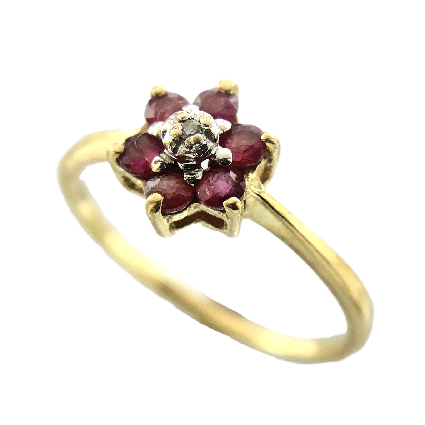 14K Yellow Gold 6 Red Ruby and Diamond Flower Cluster Floral Daisy Design Ring .05 Total Carats Size 6 Ring AU404