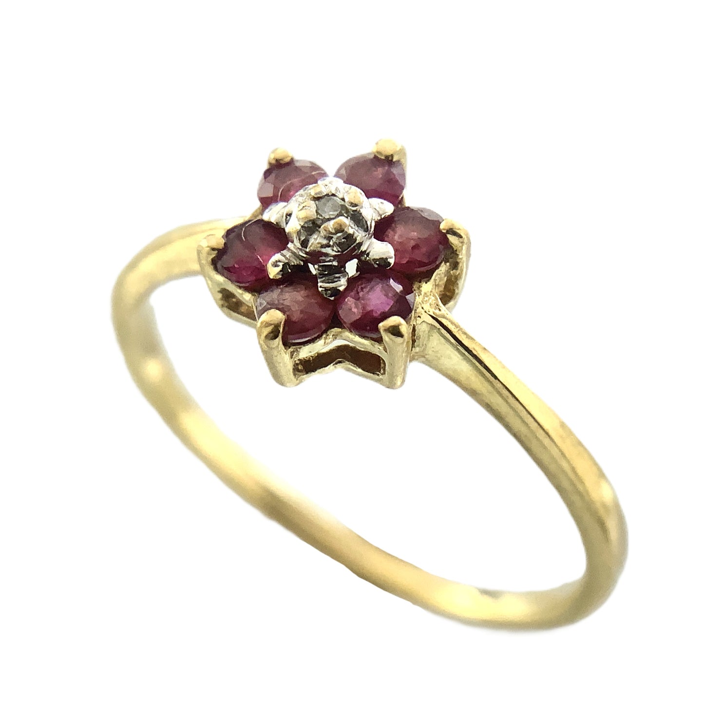 14K Yellow Gold 6 Red Ruby and Diamond Flower Cluster Floral Daisy Design Ring .05 Total Carats Size 6 Ring AU404