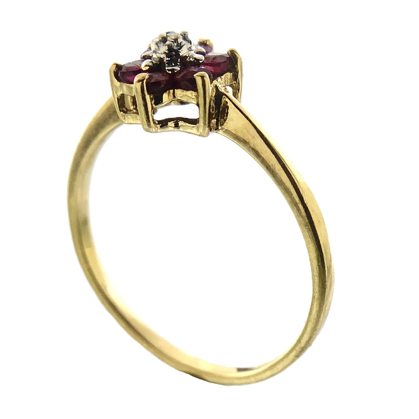 14K Yellow Gold 6 Red Ruby and Diamond Flower Cluster Floral Daisy Design Ring .05 Total Carats Size 6 Ring AU404