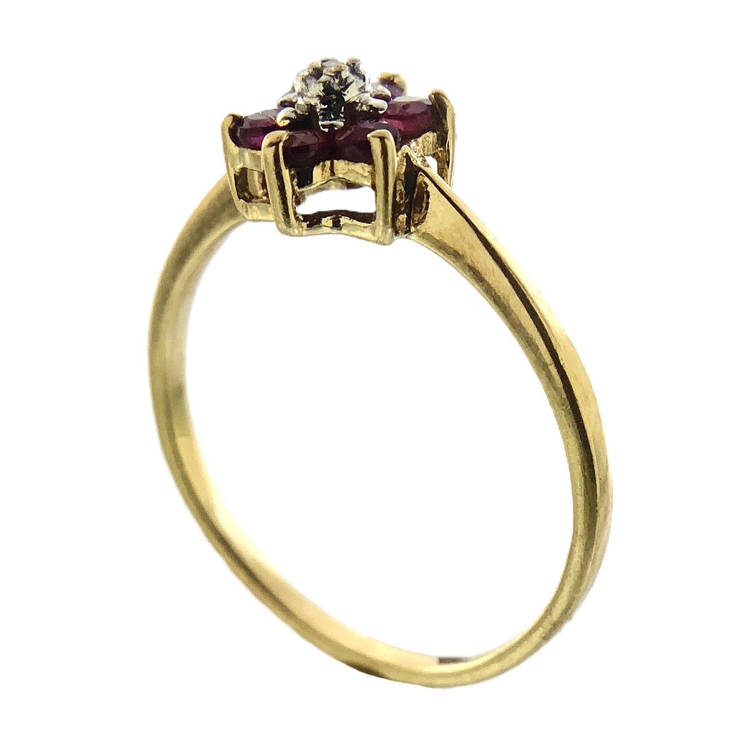 14K Yellow Gold 6 Red Ruby and Diamond Flower Cluster Floral Daisy Design Ring .05 Total Carats Size 6 Ring AU404