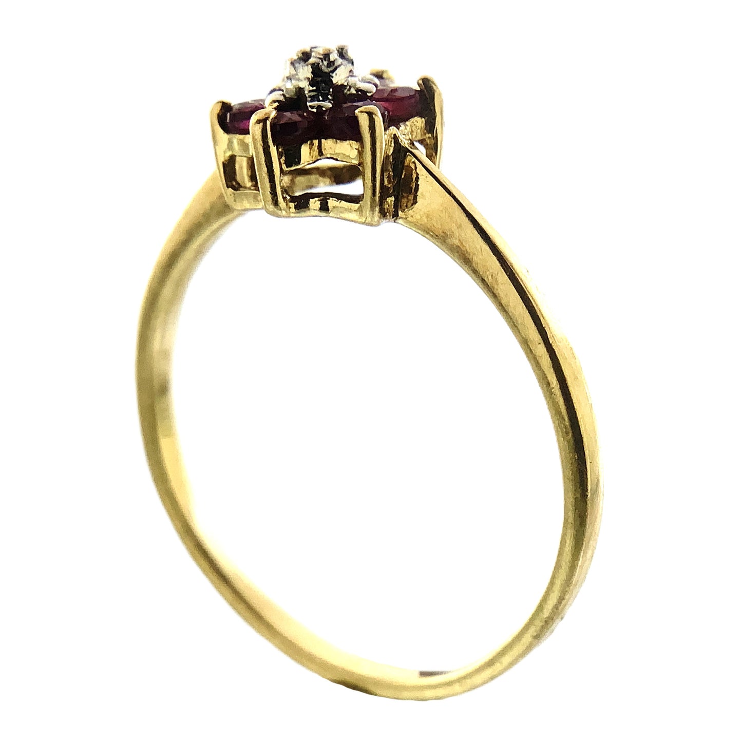 14K Yellow Gold 6 Red Ruby and Diamond Flower Cluster Floral Daisy Design Ring .05 Total Carats Size 6 Ring AU404