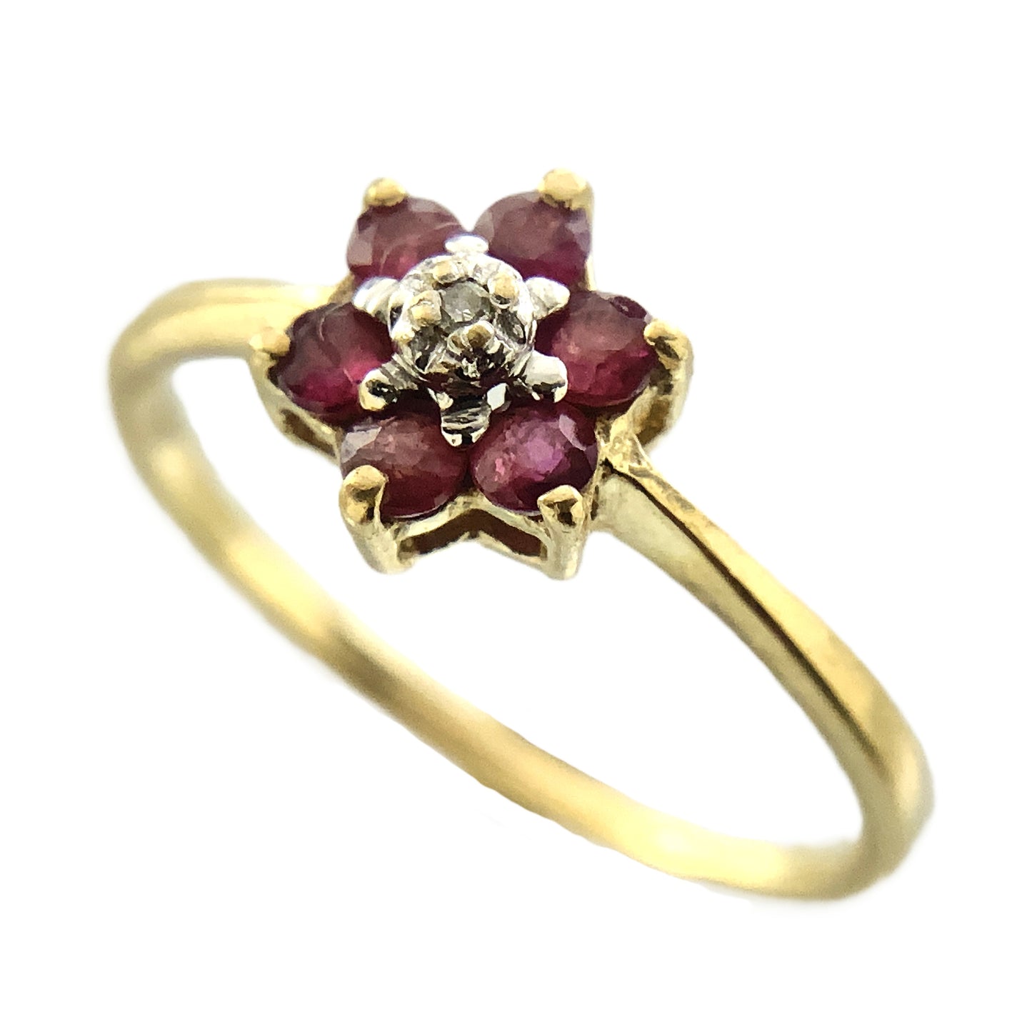 14K Yellow Gold 6 Red Ruby and Diamond Flower Cluster Floral Daisy Design Ring .05 Total Carats Size 6 Ring AU404