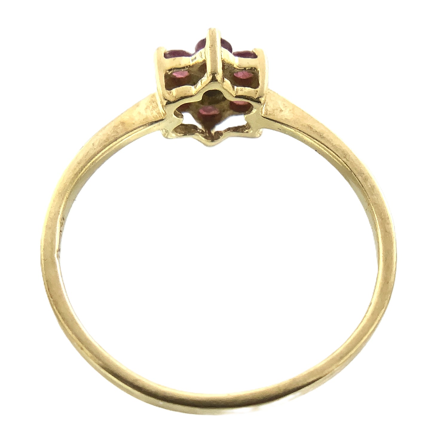 14K Yellow Gold 6 Red Ruby and Diamond Flower Cluster Floral Daisy Design Ring .05 Total Carats Size 6 Ring AU404