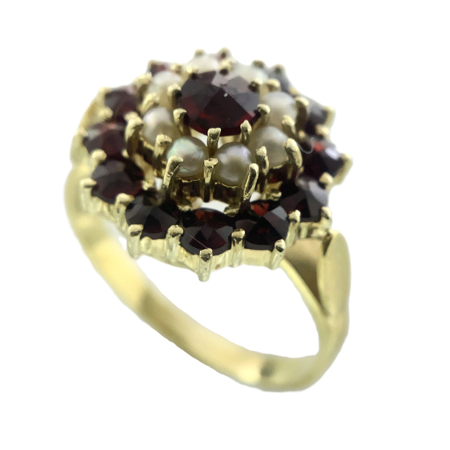14K Yellow Gold Floral Design Red Garnet and Pearl Clusters Size 6 Ring AU405