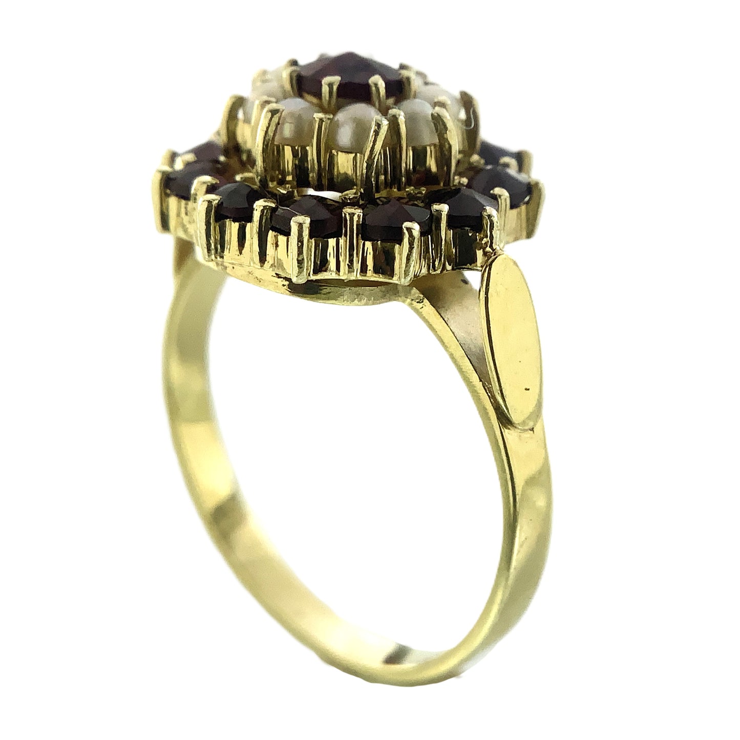 14K Yellow Gold Floral Design Red Garnet and Pearl Clusters Size 6 Ring AU405