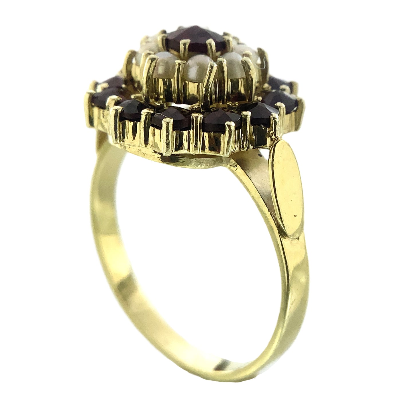 14K Yellow Gold Floral Design Red Garnet and Pearl Clusters Size 6 Ring AU405