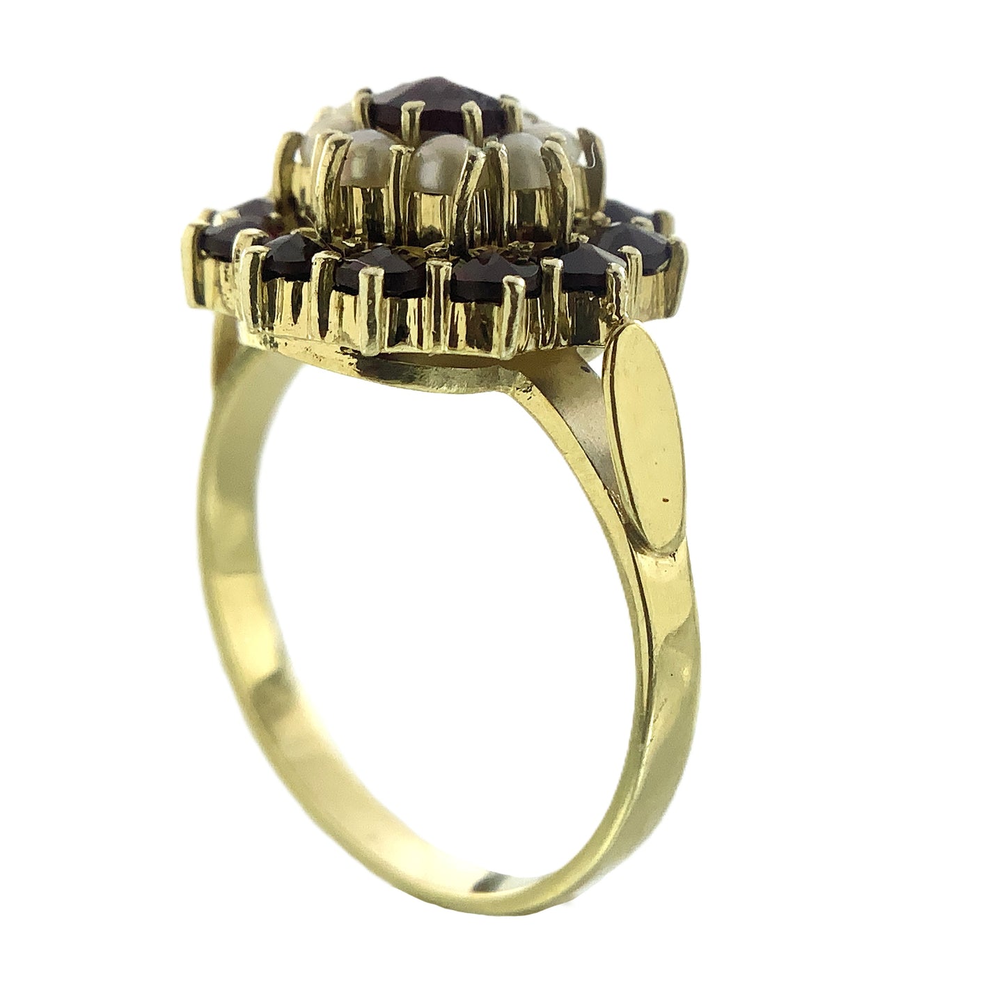 14K Yellow Gold Floral Design Red Garnet and Pearl Clusters Size 6 Ring AU405