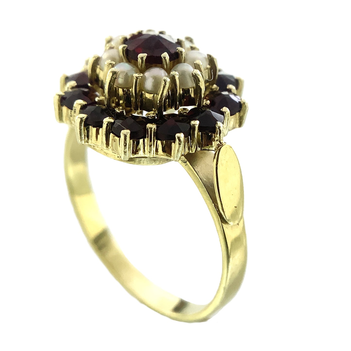 14K Yellow Gold Floral Design Red Garnet and Pearl Clusters Size 6 Ring AU405