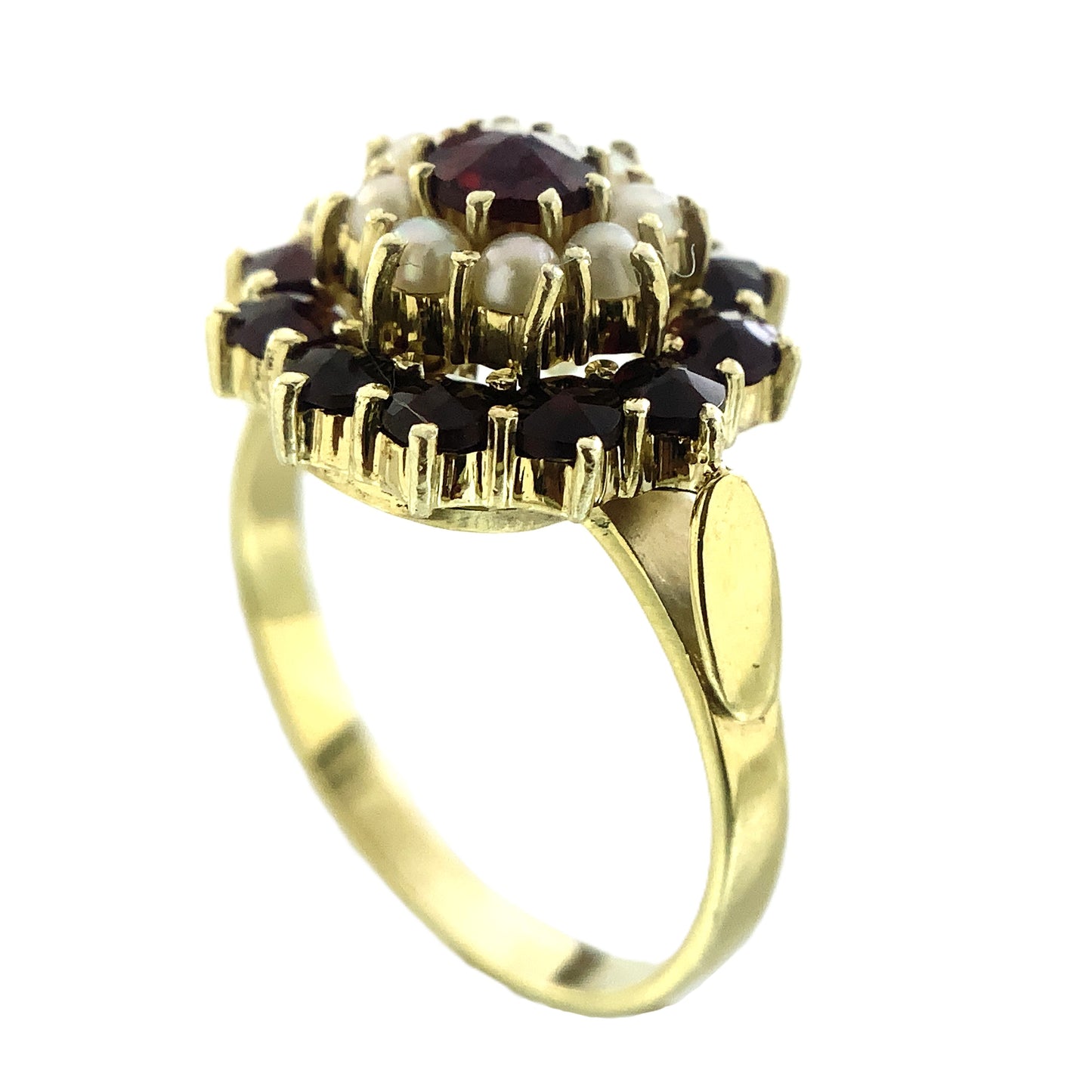 14K Yellow Gold Floral Design Red Garnet and Pearl Clusters Size 6 Ring AU405